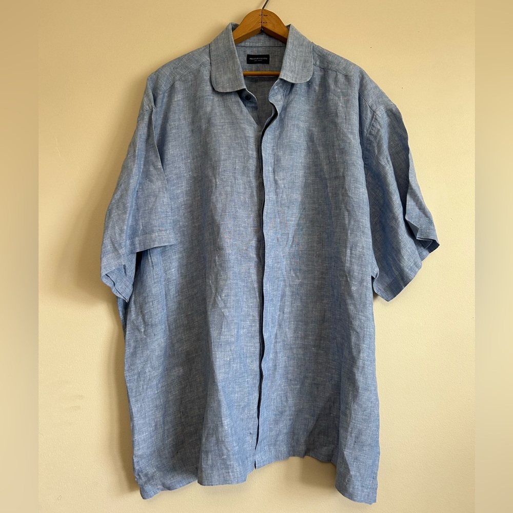 Proper Cloth 3XL Washed Blue Chambray Linen Button Down Short Sleeve Shirt!